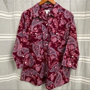 CROFT & BORROW / Burgandy Paisley Print 3/4 Sleeve Button Down Size L